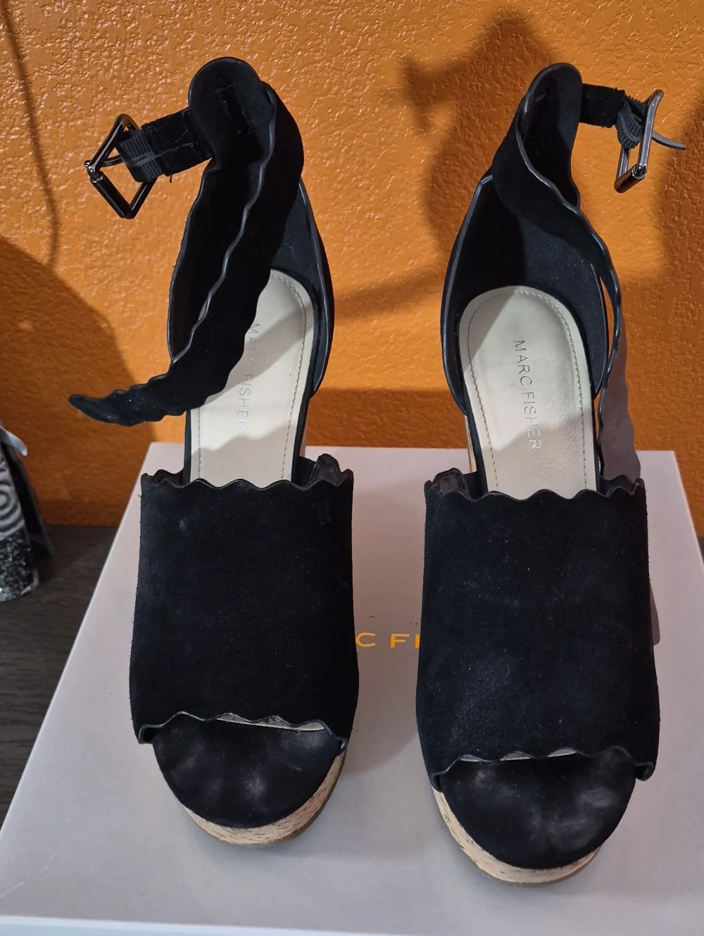 Marc Fisher Black Suede Scallop Ankle-Strap Platform Wedges